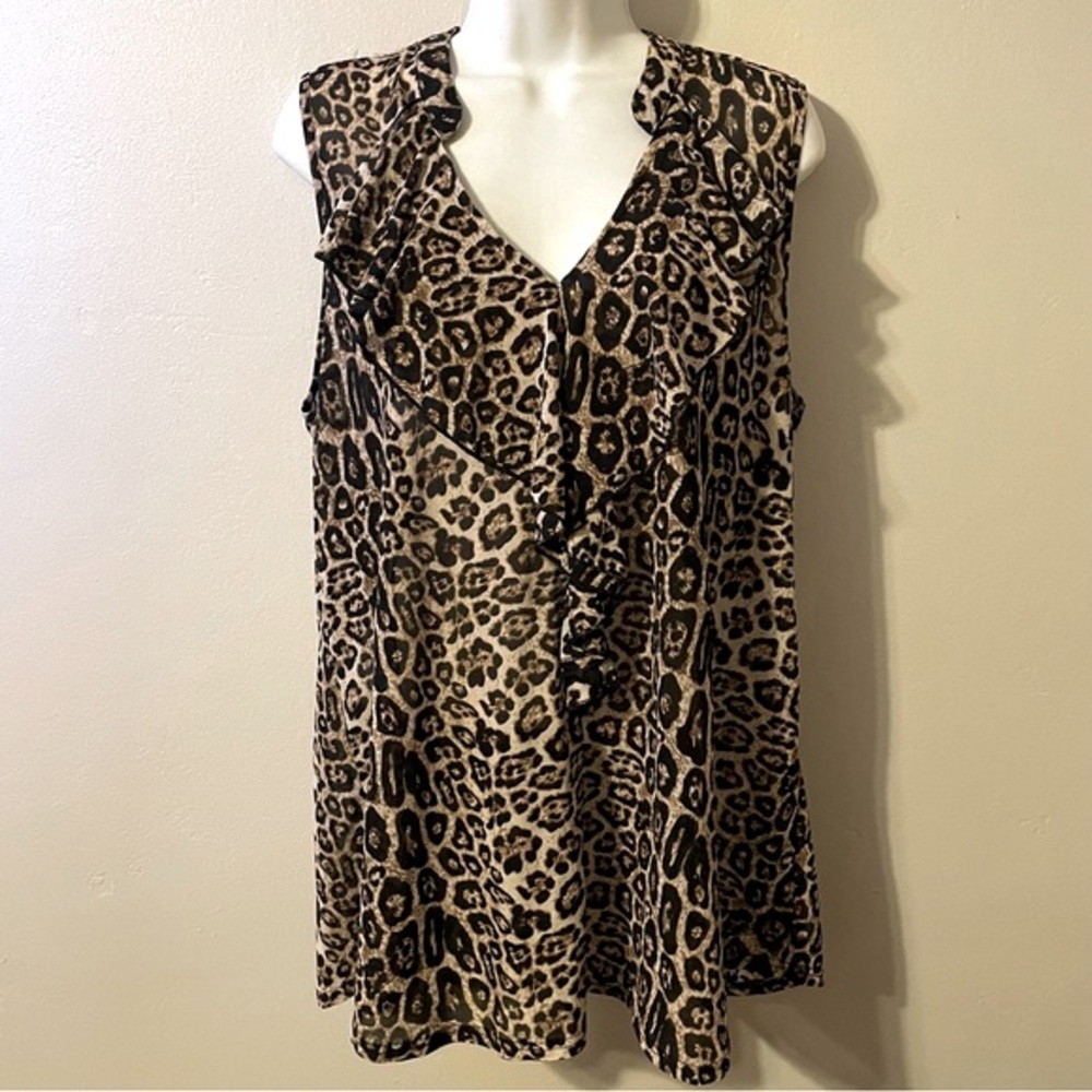 Siren Lily Sheer Leopard Print Ruffled Neck Blouse Sz. 1X